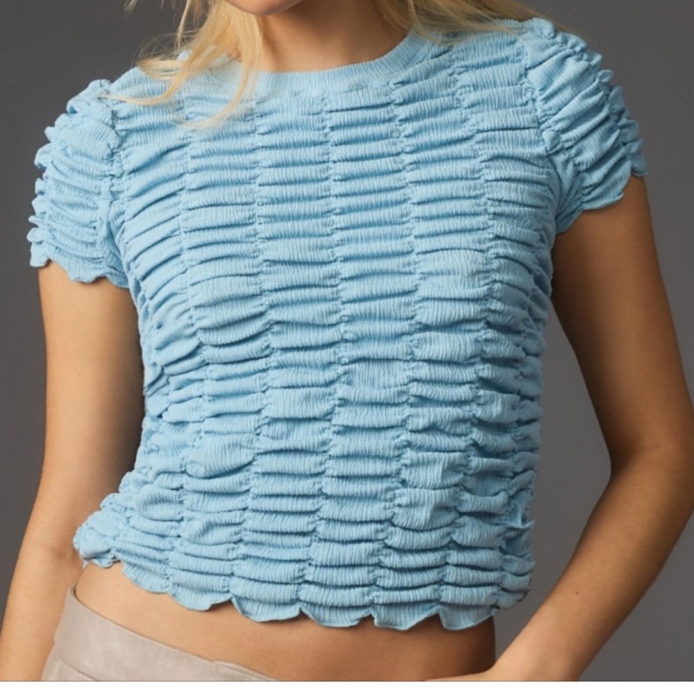 Anthropologie Ruched Baby Blue Cropped T-Shirt Size Medium